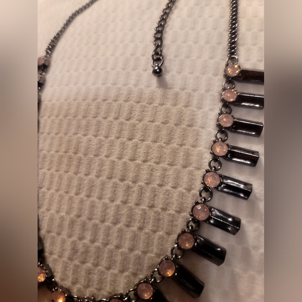 Peach Rhinestone Statement Necklace With Charcoal Metal Accents - Picture 5 of 7